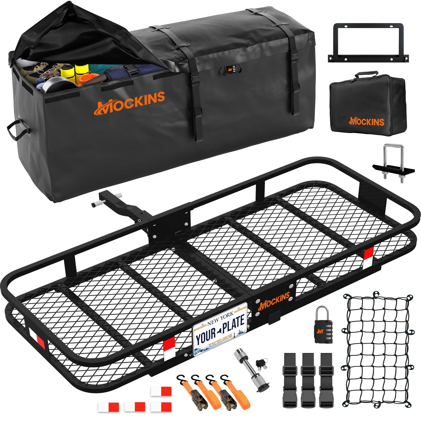 Mockins Folding Luggage Rack for SUV Car Truck ATV & More | 500 lb. Capacity Steel Trailer Hitch Cargo Carrier 60"x20"x6" w/ 16 Cu Ft Waterproof Cargo Bag for Hitch Carrier & Cargo Trailer Accessories