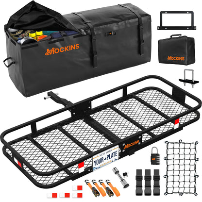 Mockins Folding Luggage Rack for SUV Car Truck ATV & More | 500 lb. Capacity Steel Trailer Hitch Cargo Carrier 60"x20"x6" w/ 16 Cu Ft Waterproof Cargo Bag for Hitch Carrier & Cargo Trailer Accessories