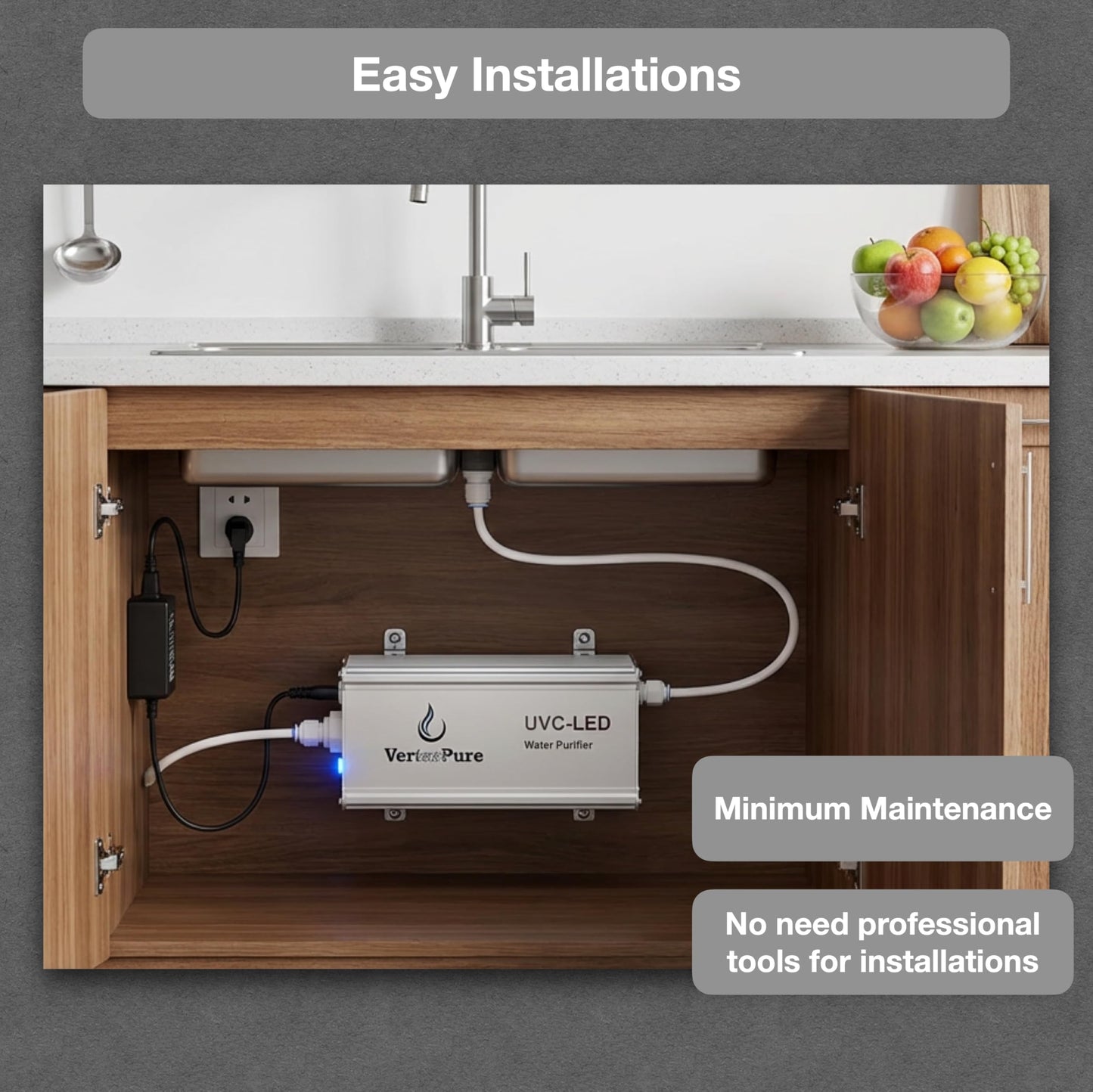 VerterPure VP2 Mini UV-C LED Ultraviolet Water Filter Purifier, Reduce up to 99.99% of Contaminants at Flow Rate 0.52GPM, Smart On/Off Switch, 12V DC for RV Boats Off-Grid Livings, Mercury Free