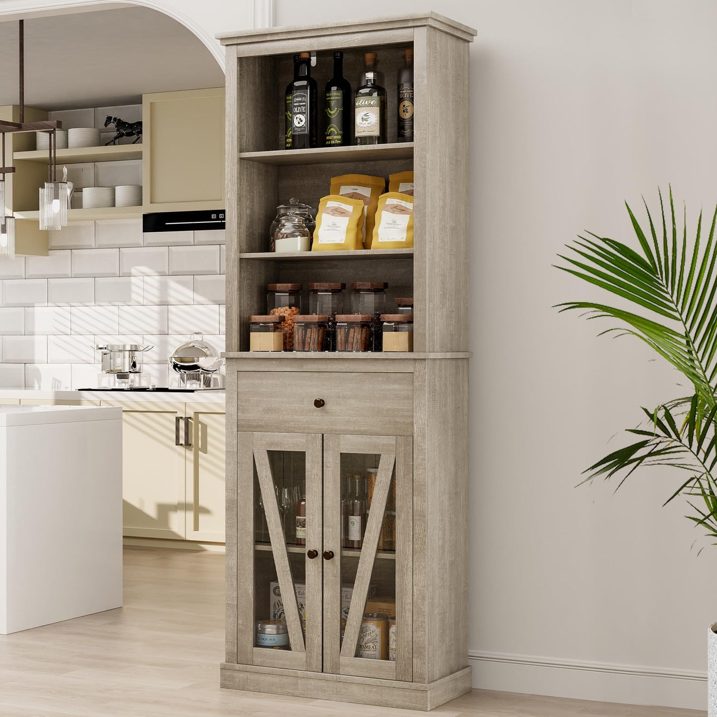 Garvee Kitchen Pantry Cabinet, Pantry with Adjustable Shelves, Farmhouse Cabinet for Living Room, Bathroom, Grey