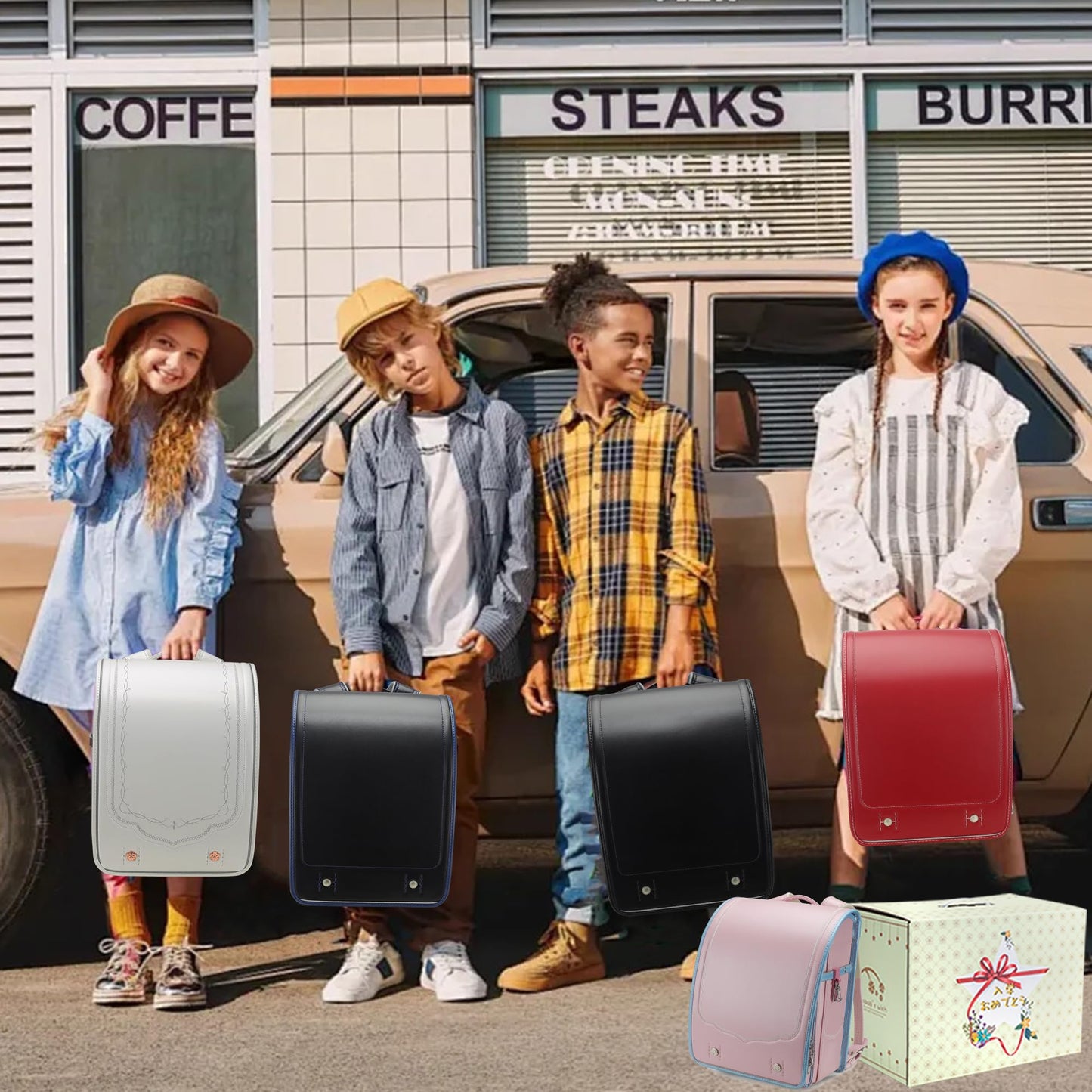 Baobab's wish Ransel Randoseru Backpack Semi-automatic satchel Japanese school bag for girls and boys PU leather bab-rng58 (Pure black)