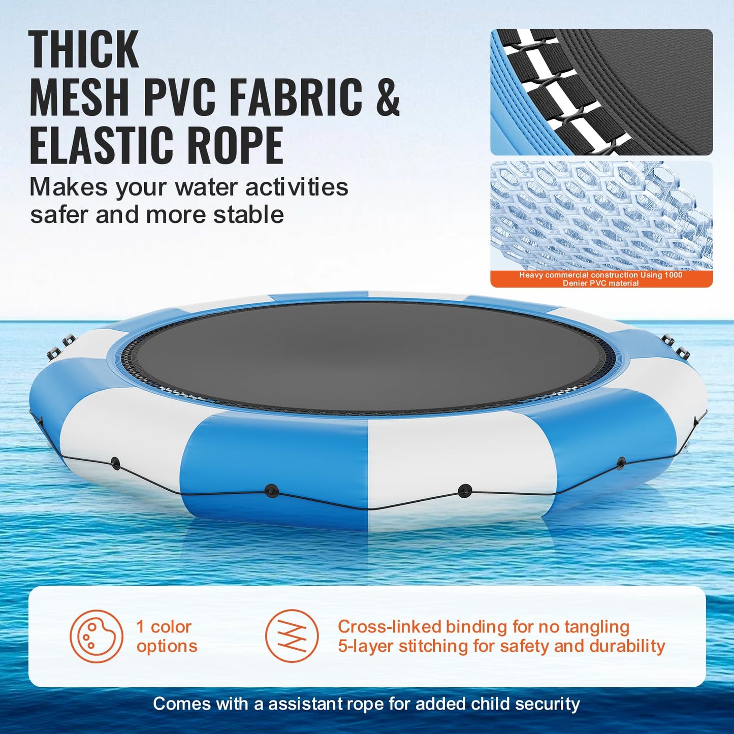 VEVOR Recreational Water Trampoline 15ft, Inflatable Water Bouncer, Portable Bounce Swim Platform with Electric Air Pump & 3-Step Ladder, Kids Adults Floating Rebounder for Water Sports, Pool, Lake