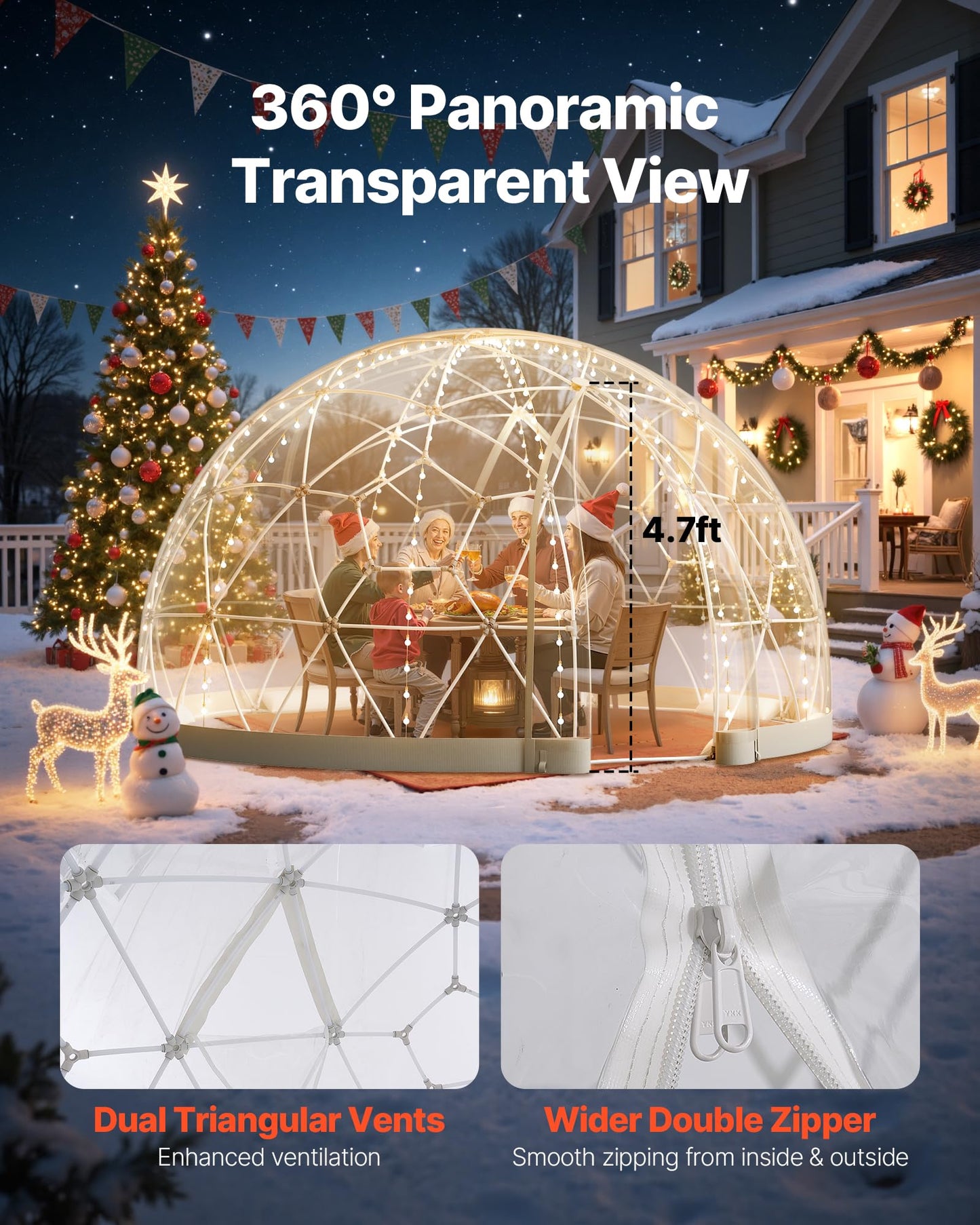 VEVOR Garden Dome Tent, 9.5 x 5.7 ft Outdoor Clear Bubble Tent for 2–4 Person, Weatherproof Geodesic Dome Greenhouse with Window, PVC Transparent