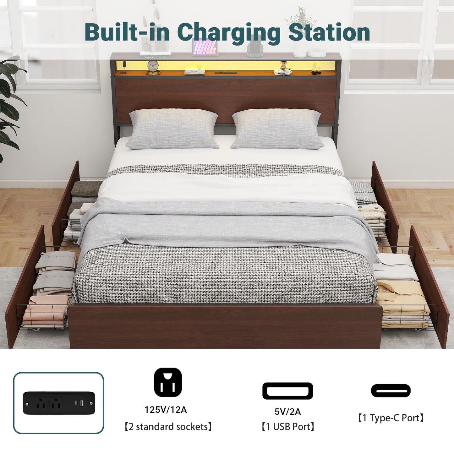 Zevemomo Full Size Bed Frame with 4 Storage Drawers, Full Platform Bed Frames with 2 Tier Storage Headboard, Charging Station, Adjustable LED Light, Noise-Free, No Box Spring Required, Reddish Brown