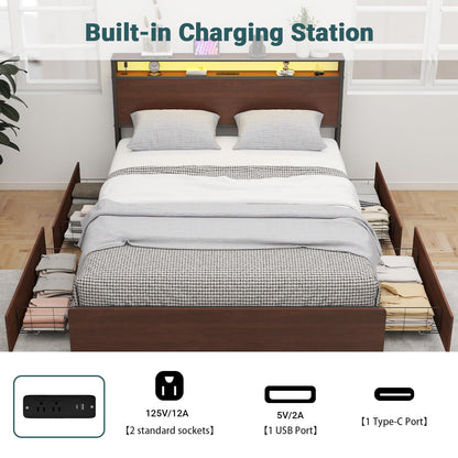 Zevemomo Full Size Bed Frame with 4 Storage Drawers, Full Platform Bed Frames with 2 Tier Storage Headboard, Charging Station, Adjustable LED Light, Noise-Free, No Box Spring Required, Reddish Brown