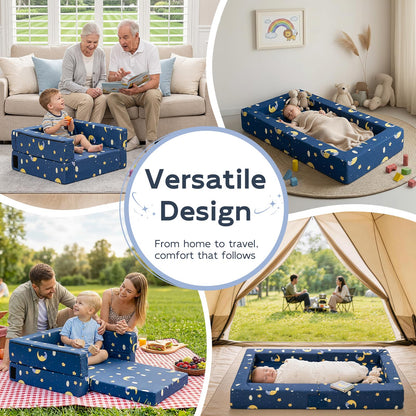 FRUITEAM Portable 3-in-1 Toddler Travel Bed, Soft Fabric & High-Density Foam, Easy-Clean Machine Washable Cover with Moon Star Cloud Print for Camping & Indoor/Outdoor Use - Blue