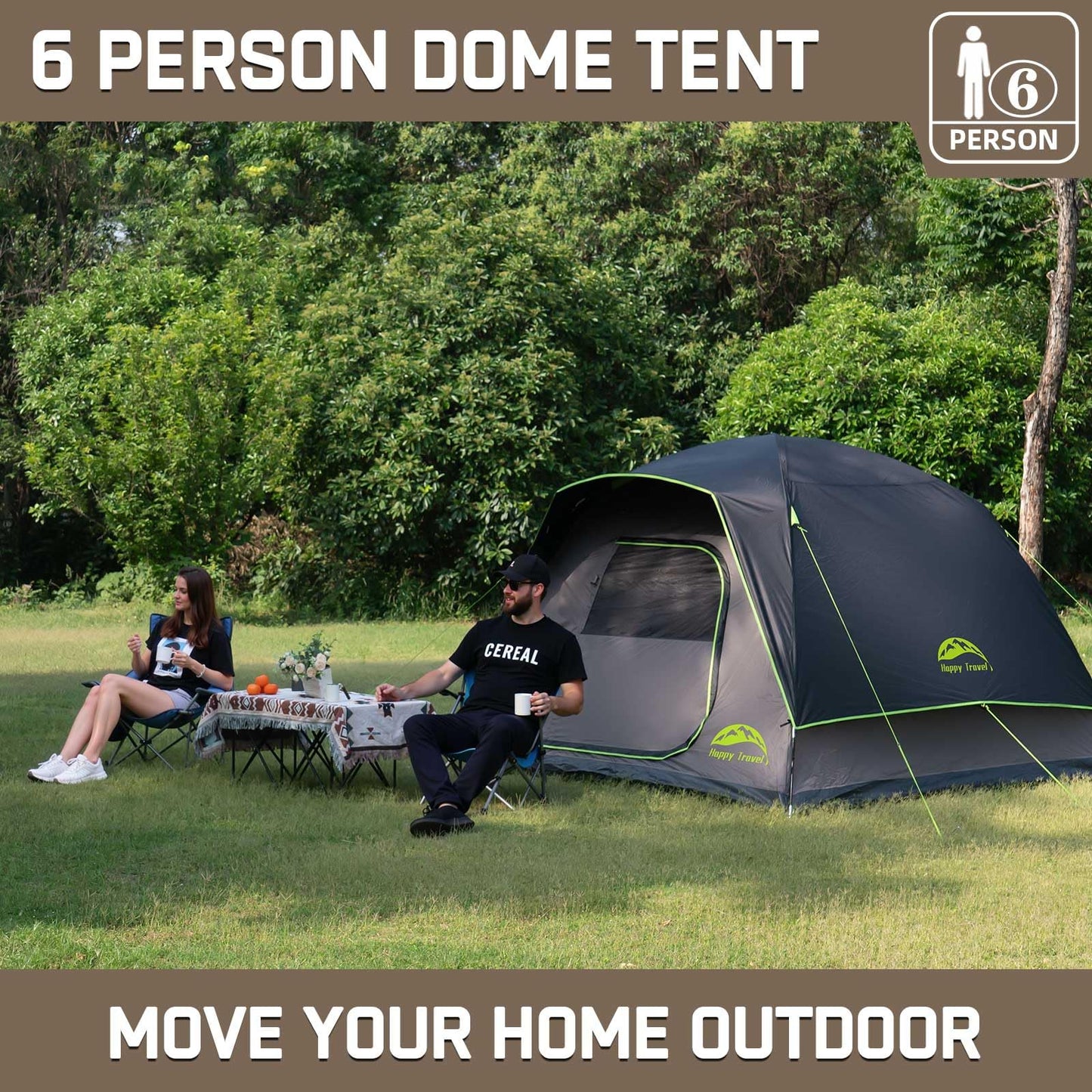 Happy Travel Camping Tent, 4/6 Person Dome Tents for Camping with Rainfly, Waterproof Clip Easy Setup Portable Family Tent with Mesh Windows, 20% More Headroom Backpacking Tents for Camping & Hiking