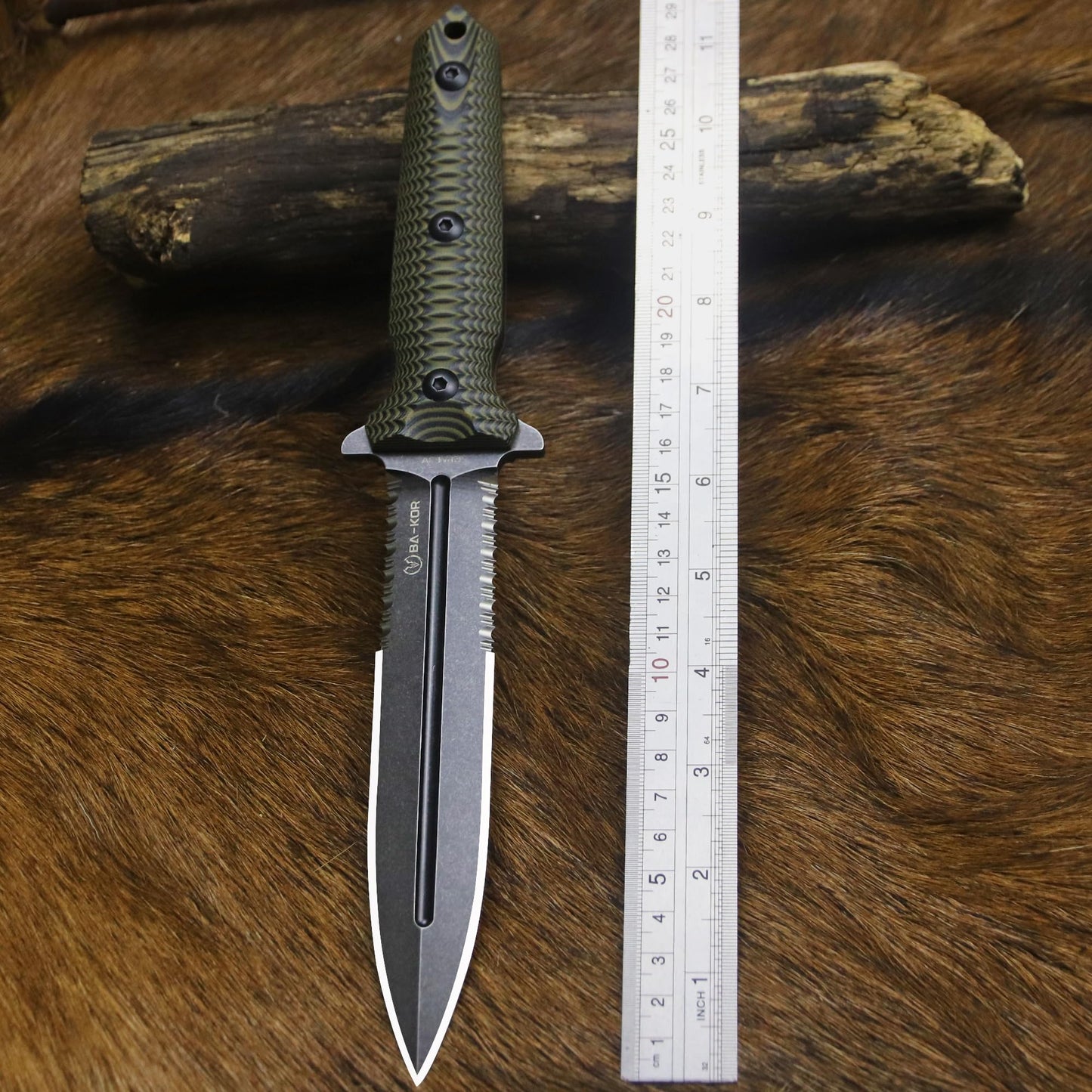 BA-KOR 11.4” Fixed Blade Hunting Knife, CPM 3V Steel Full Tang Survival Knife, 5mm Thick Stonewashed Dual Edge with Partial Serration, G10 Handle, Leather Kydex Sheath & 5.9” Fire Starter
