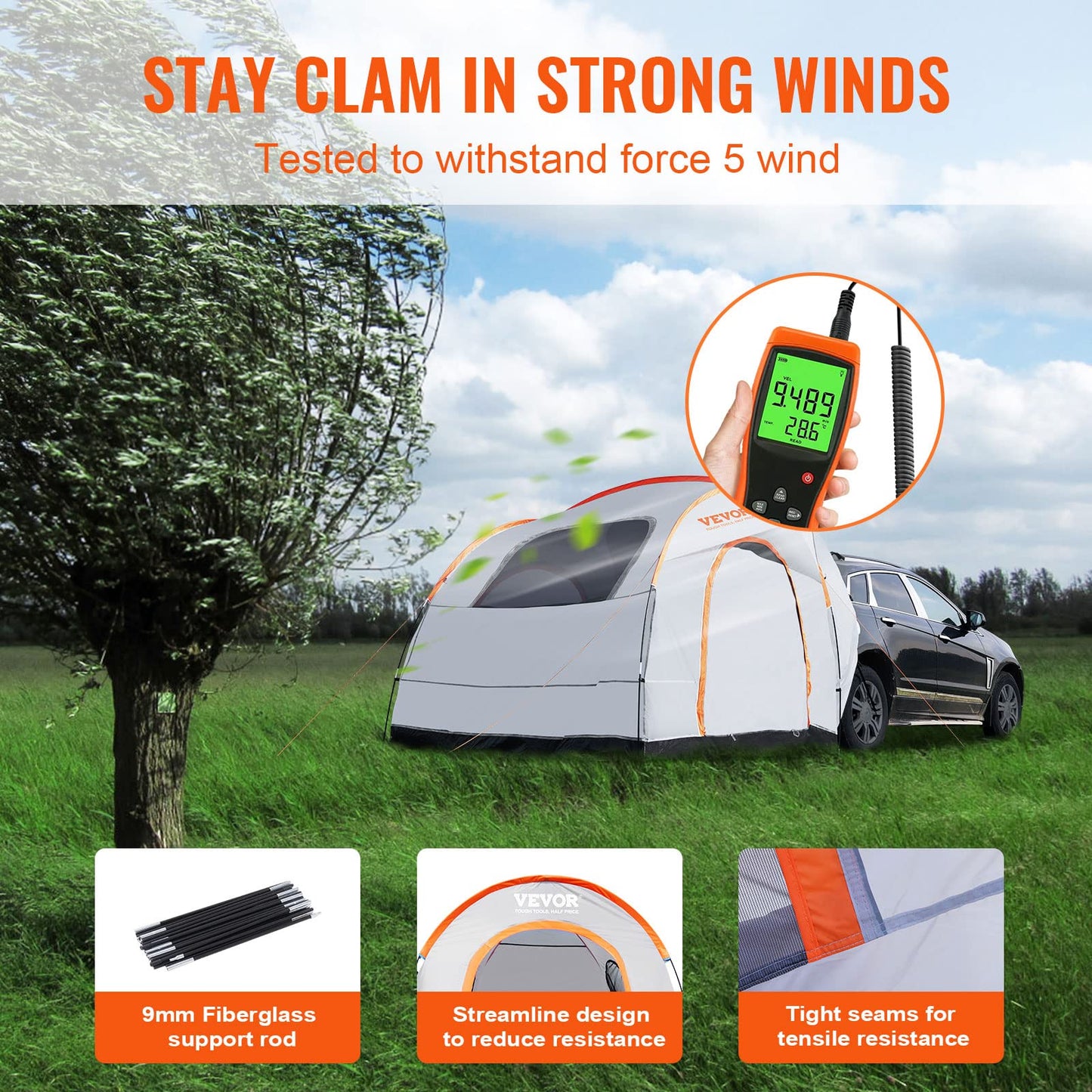 VEVOR SUV Camping Tent, 8'-8' SUV Tent Attachment for Camping with Carry Bag, Waterproof PU2000mm Double Layer Truck Tent, Accommodate 6-8 Person, Rear Tent for Van Hatch Tailgate