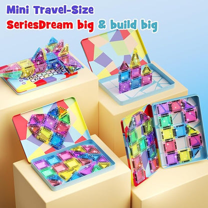 42 Pcs Mini Travel Glitter Magnetic Tiles Magnetic Block Set with Storage Box - STEM Educational Sensory Preschool Building Toy for Toddlers Ideal Kids Gifts for Ages 2 3 4 5 6