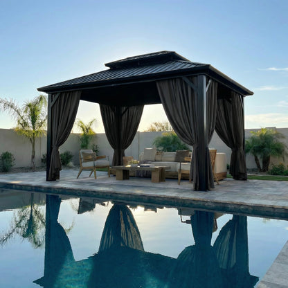 HOTEEL 10x12 Hardtop Gazebo On Clearance with Galvanized Steel Double Roof,Heavy Duty Gazebo with Flame-Retardant Curtain & Netting, Aluminum Frame Outdoor Canopy for Patio, Party, Black