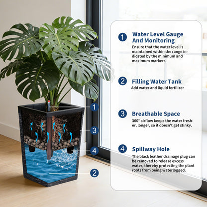 Garvee 16" Tall Planters Set of 2, Self Watering Tall Planters, Outdoor＆Indoor Planter Pots, High Front Porch Planters Pots with Drainage Holes＆Water Level Monitor, Black