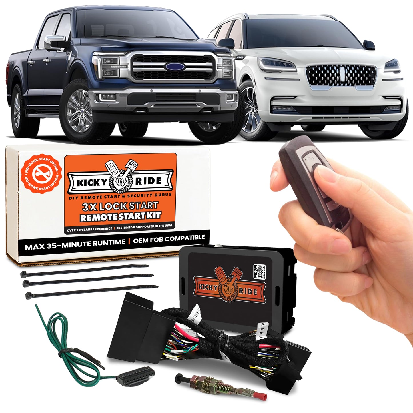 Kicky Ride Plug-in Remote Start Kit – Start from Your Factory Fob – Some Ford, Lincoln Vehicles – F-150, F-250/350, Edge, Ranger, Bronco Sport, MKZ & More! – Extend Runtime - Check CAR Compatibility