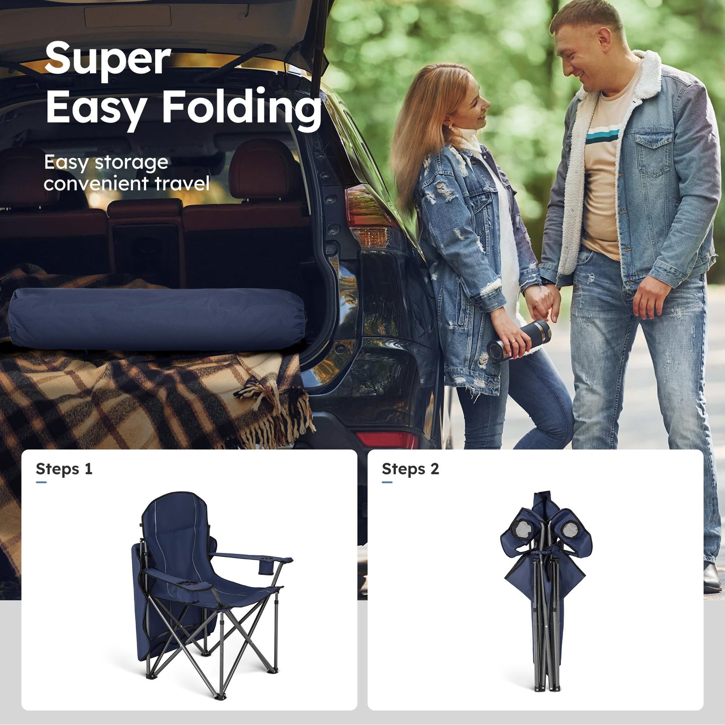 ALPHA CAMP Heavy Duty Canopy Camping Chair, 350 lbs Capacity Oversized Folding Chair with Adjustable Sunshade, Portable Sunshade Chair with Cup Holder for Beach, Fishing, Outdoor - Navy Blue,2PC