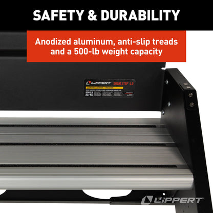 Lippert Solid Step 4.0 Premium Double RV Camper Entry Steps with 26" Step Width, XL Top Tread, 8" Rise, 500-lb. Weight Capacity, Adjustable Legs, Recessed Feet, Foldable Design - 2024056996