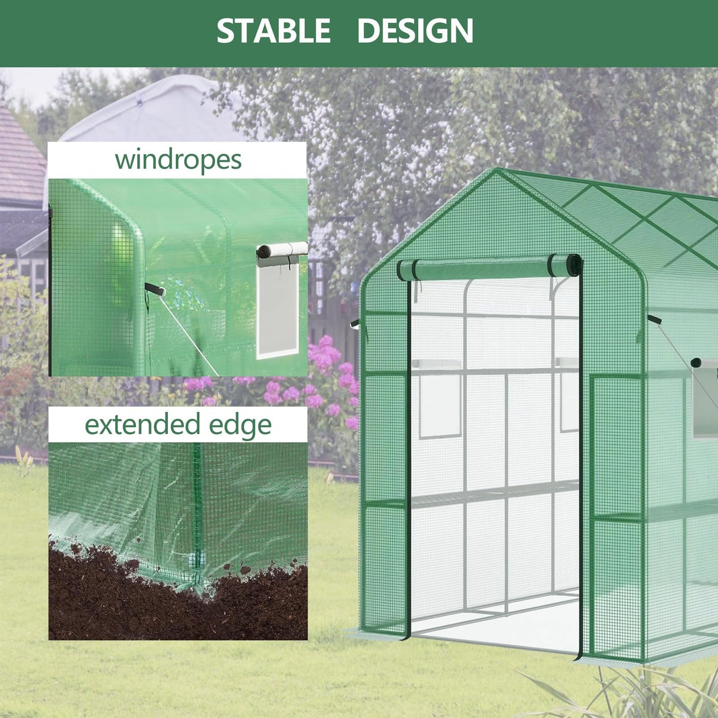 Walk-in Greenhouse with Shelves, 57"X85"X77" Heavy Duty Portable Outdoor Greenhouse, 3-Tier 18-Shelf Plant House with PE Cover, Mesh Door & Screen Windows for Plants, Flowers, Seedlings Gardening
