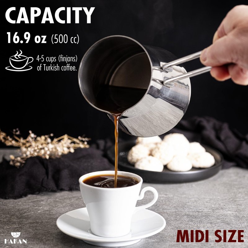 Hakan Turkish Coffee Pot, Greek Arabic Coffee Cezve, Stainless Steel Stove Top Milk Warmer, Chocolate Melting Pot with Spout, Chai Pot, Ibrik, Briki | 16.9 oz. (500 cc)
