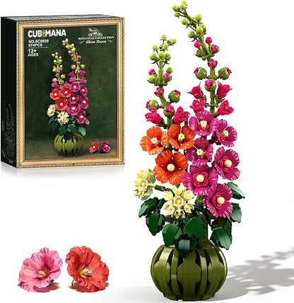 Flowers Botanicals Alcea Rosea Building Set for Adults - Artificial Bonsai Plant for Home Office Décor 974PCS Flower Building Block Indoor Decoration Birthday Easter Gift for Wife Women