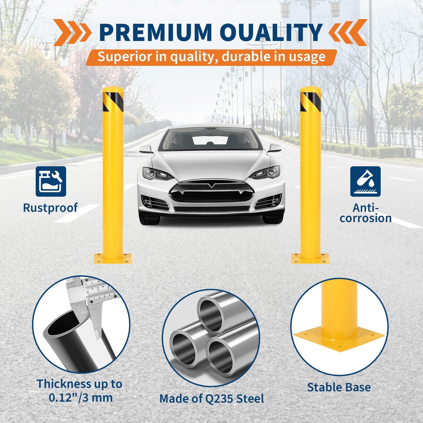 4-Pack 48 Inch Steel Safety Bollards, 4.5 Inch Diameter Parking Bollard Posts with 16 Anchor Bolts for Traffic Control, Driveway Barrier, Warehouse Protection & Collision Prevention