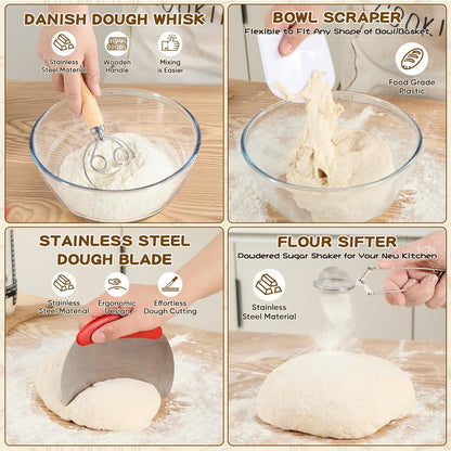 KNEDWRMY Sourdough Starter Kit & Sourdough Bread Baking Supplies-10" Round & Oval Banneton Proofing Baskets, 32 oz Sourdough Starter Glass Jar, Bread Making Tools, for Bread Making/Baking Fermentation