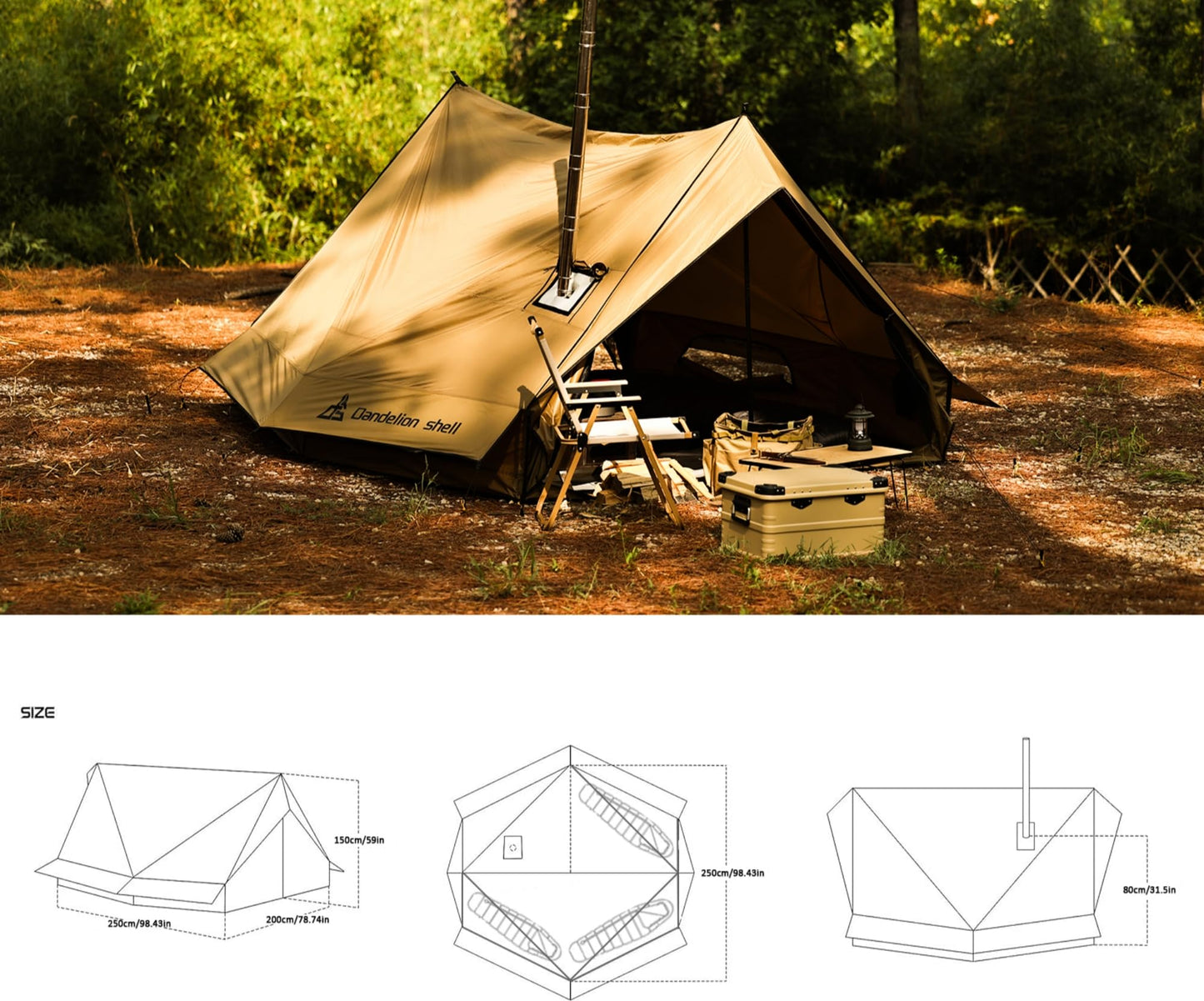 Dandelion Shell Hot Tent Cabin Plus X3 with Stove Jack – 4 Season Lightweight Shelter for 2–3 People, Waterproof & Windproof, Ideal for Camping, Backpacking, Hiking, Hunting & Fishing
