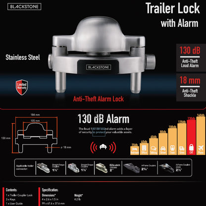 Blackstone Alarm Stainless Steel Heavy Duty Trailer Coupler Hitch Lock 130 db Alarm