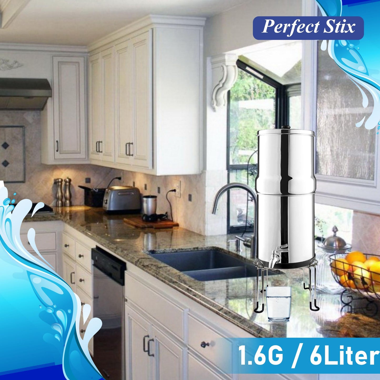 Denali Spring-1.6G (6 Liters)- Stainless Steel Gravity-Fed Water Filtration System with 2 Black Filters, SS Tap, POSTreat Filters, and Stainless Steel