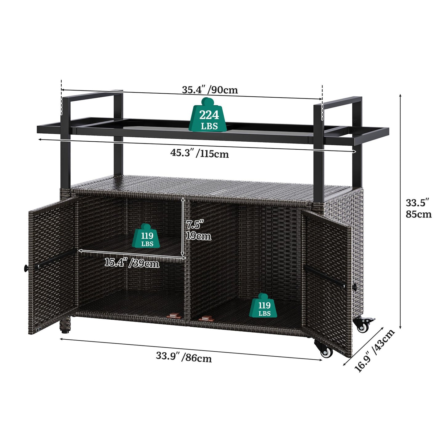 YITAHOME XL Outdoor Storage Cabinet, Outdoor Storage Cart with Wheels and Black Glass Table Top for Patio, Outdoor Cabinet for Poolside and Backyard (Dark Brown)