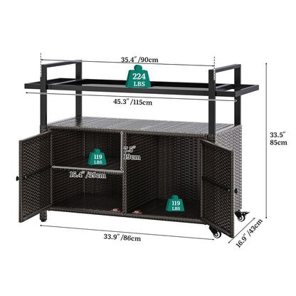 YITAHOME XL Outdoor Storage Cabinet, Outdoor Storage Cart with Wheels and Black Glass Table Top for Patio, Outdoor Cabinet for Poolside and Backyard (Dark Brown)
