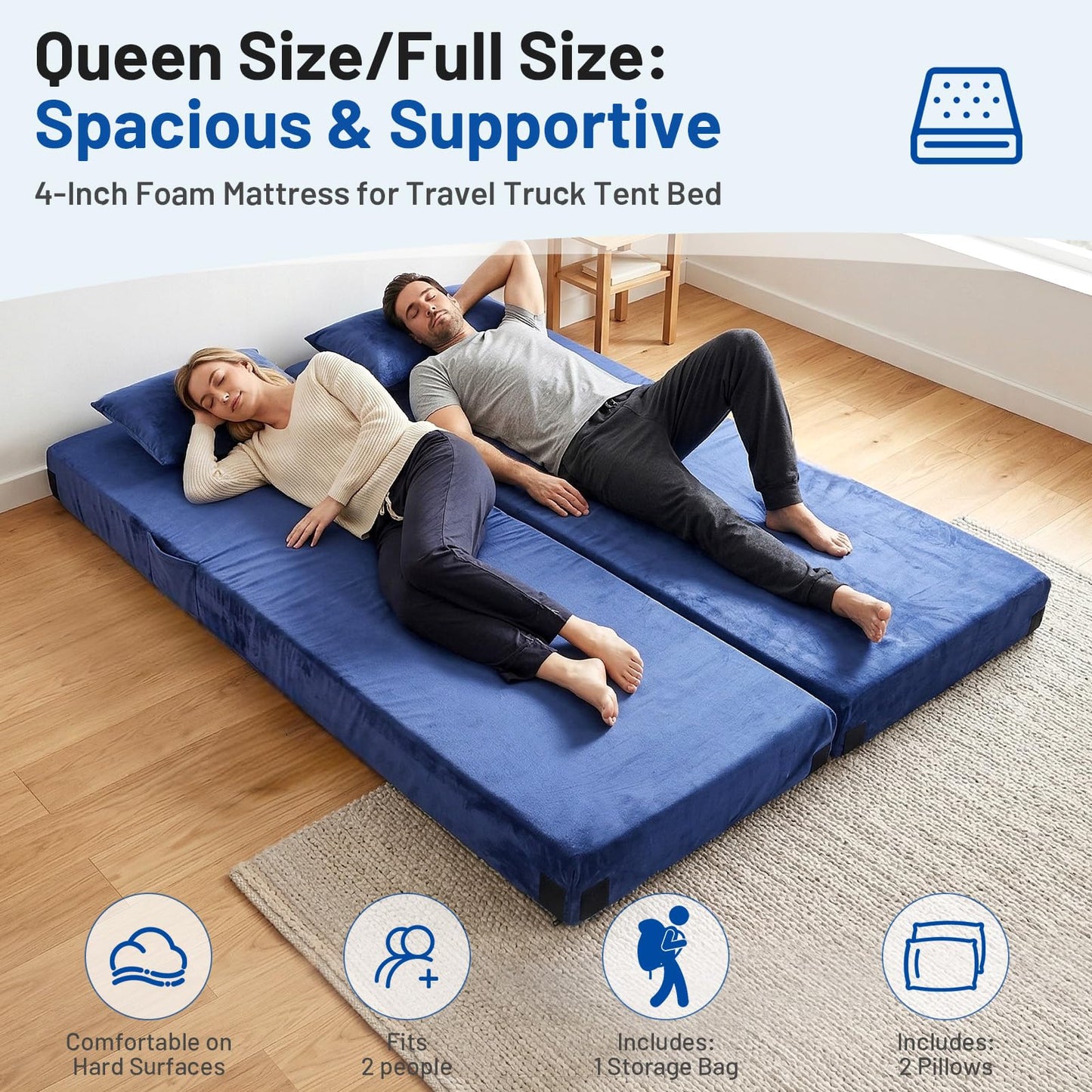 Easthome Twin Memory Foam Camping Mattress Pad with Pillow - Extra Thick 4 Inch Sleeping Pad for Camping, Waterproof Roll Up Mattress Topper for Adults Car Truck Tent Guest Bed, Travel Bag, Navy Blue
