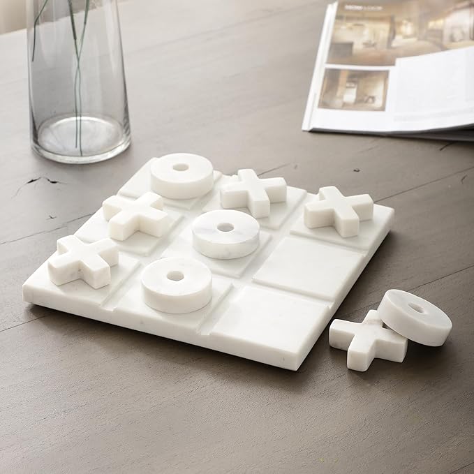 Marble Tic Tac Toe Game Board X and O Game Set for Birthday Gift to Students and Adults Medium White