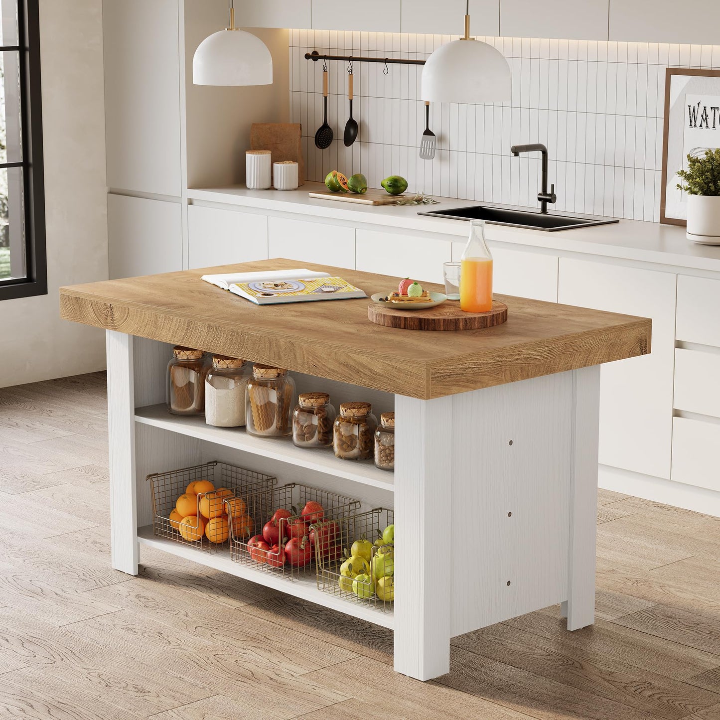 LITTLE TREE 55 Inches Kitchen Island with Storage, 3-Tier Farmhouse Stationary Island Table with Large Worktop & Leg Room, Modern Coffee Bar Table with Storage Shelf for Kitchen, Oak & White