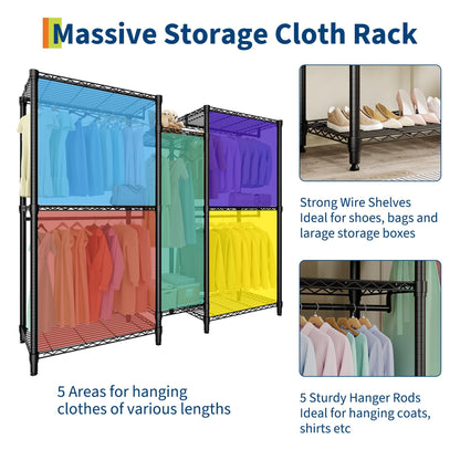 ExploreHorizon Freestanding Adjustable Garment Rack – Heavy Duty 1874LBS Capacity, 5 Hanging Rods & 8 Wire Shelves, Portable Closet Organizer (76.5" H x 73.6" L x 17.4" W)