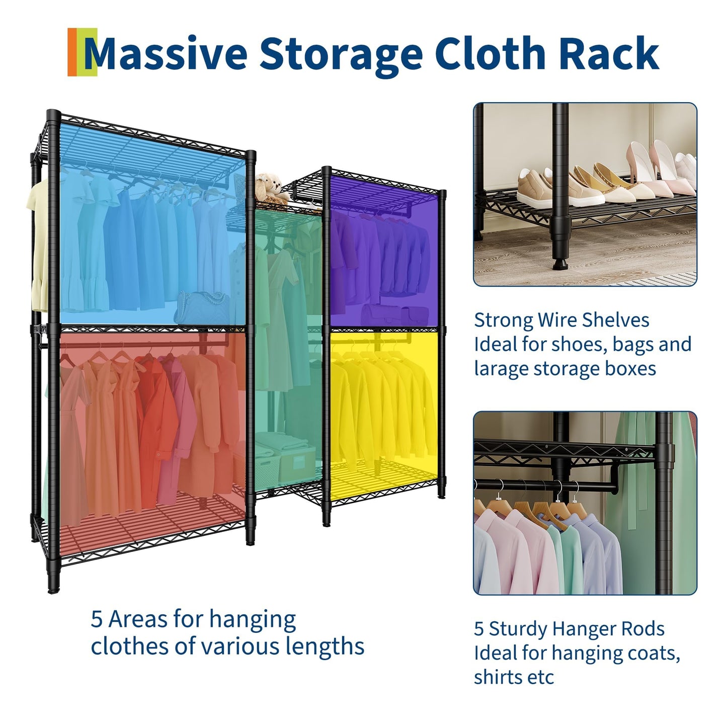 EliteEdge Freestanding Heavy Duty Garment Rack with Adjustable Shelves and Hanging Rods, Large 1870 Lbs Capacity Portable Closet Organizer for Bedroom or Cloakroom Storage, Black