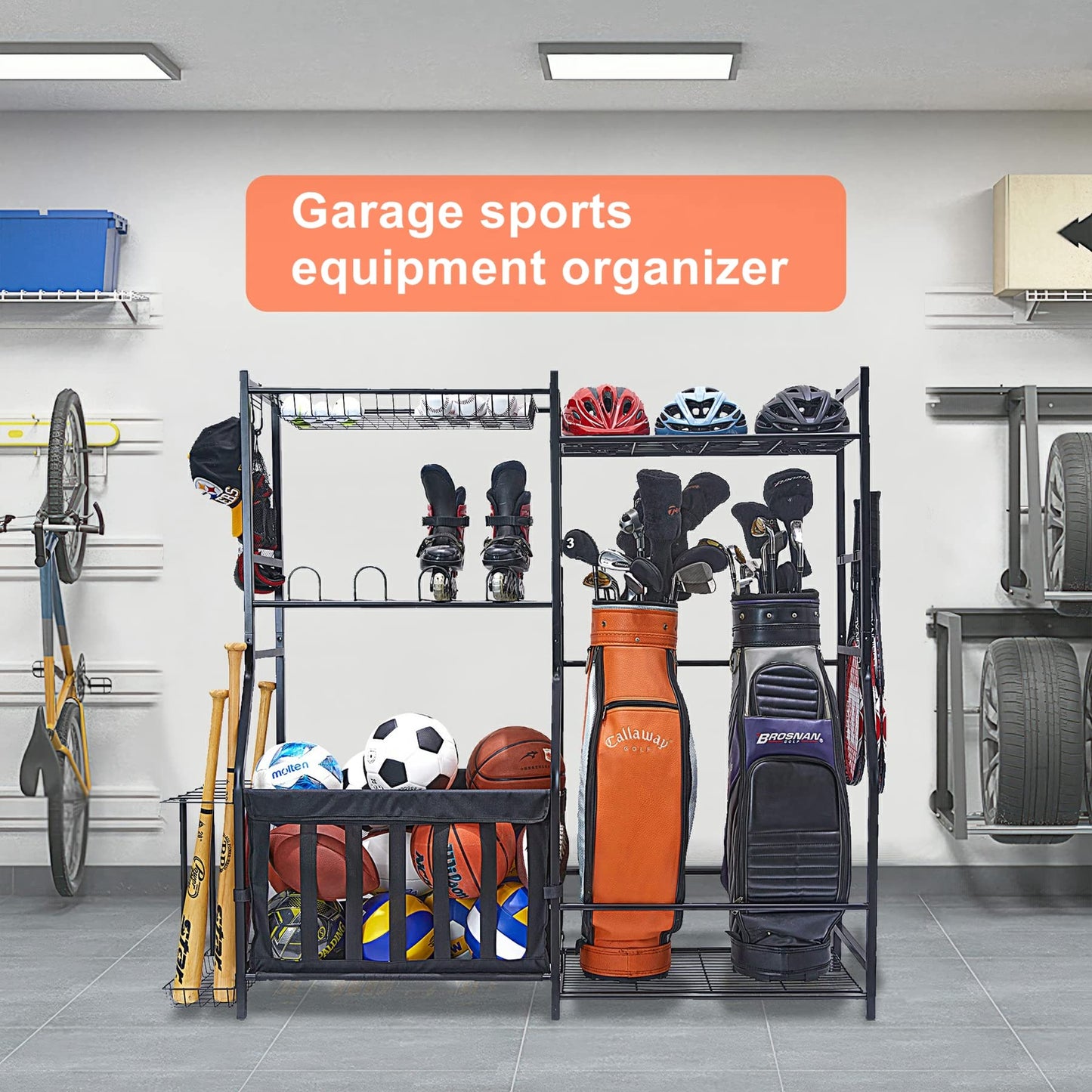 WALMANN Garage Sports Equipment Organizer, Golf Bag Stand for Garage Ball Storage Rack Indoor/Outdoor Kids Toys Storage Organizer Bins, Ball Holder with Baskets