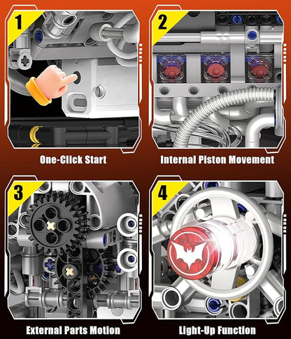 Mini V8 Engine Model Kit That Runs 770PCS Motorized Building Set for Adults with Lights STEM Construction Engineering Toy DIY Project Gift for Men and Teens