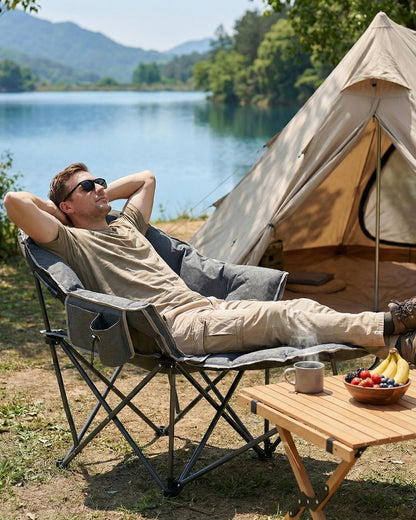 Upgrade Oversized Padded Comfy Camping Chair with Removable Leg Rest,Adjustable Cup Holder,Built-in Comfy Foam Armrest Supports,Heavy Duty Outdoor Round Folding Chair for Camping, Carry Bag, Gray