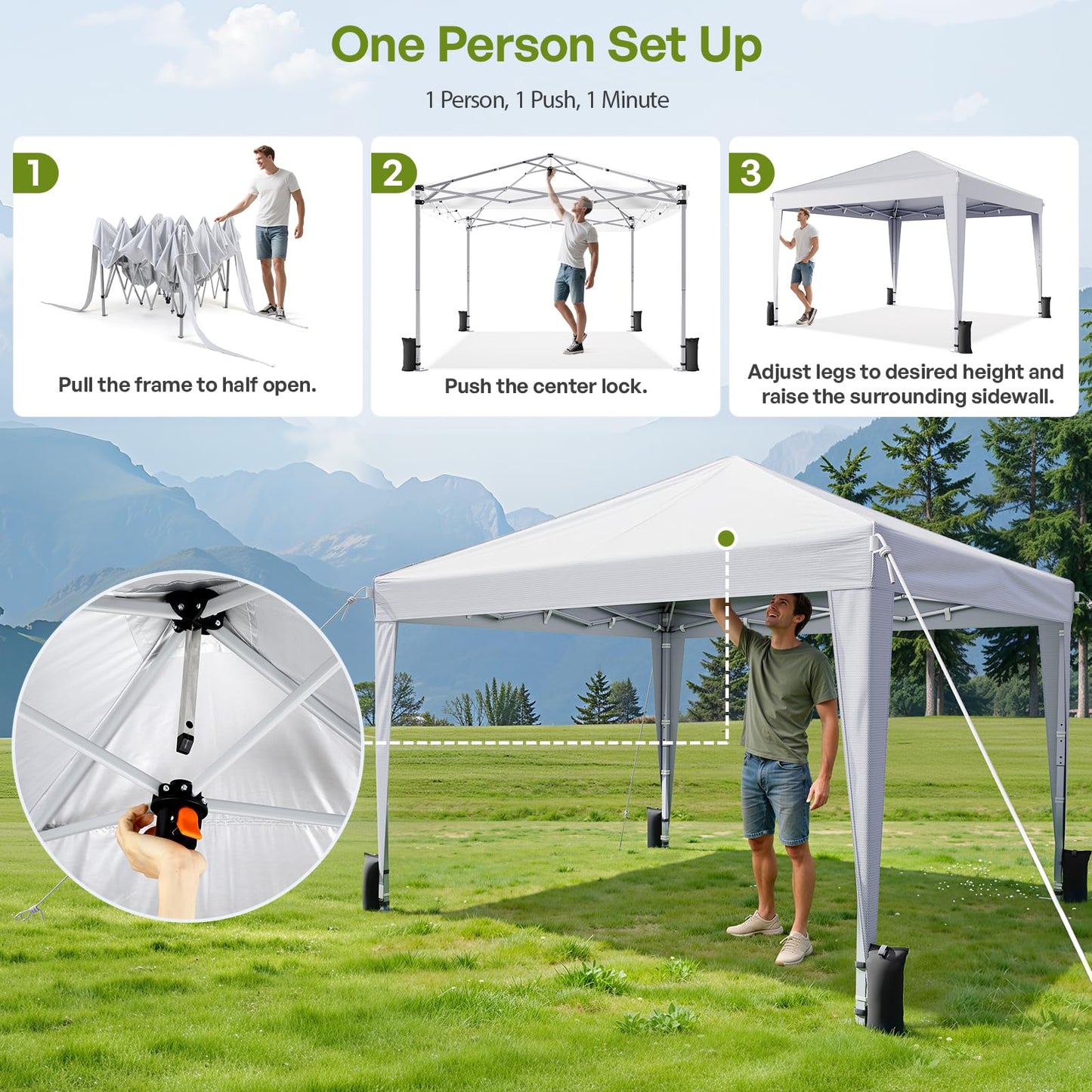 Vinabilia 10x10 Pop Up Canopy with Sidewalls, Instant Portable Canopy Tent with Carry Bag for Commercial Events, Camping, Parties - White