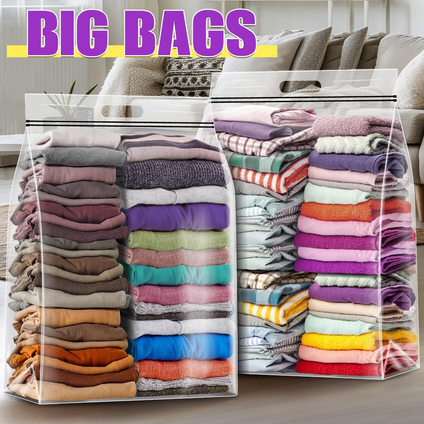 FURWEY 25 Gallon Extra Large Storage Bags 35”x 24”Resealable Clear Bags with Handle 4 Mil Thick Heavy Duty Big Bag for Clothes Pillow Travel Moving,Bedding,Shoes and Toys Storage, Pack of 6