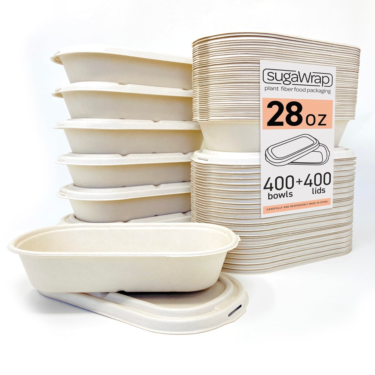 SugaWrap Disposable 28oz Oval Food Containers with Lids - Eco-Friendly Biodegradable Bamboo & Sugarcane, Sturdy & Leak Resistant, Freezer & Microwave Safe for Hot & Cold [400 Bowls + 400 Lids]