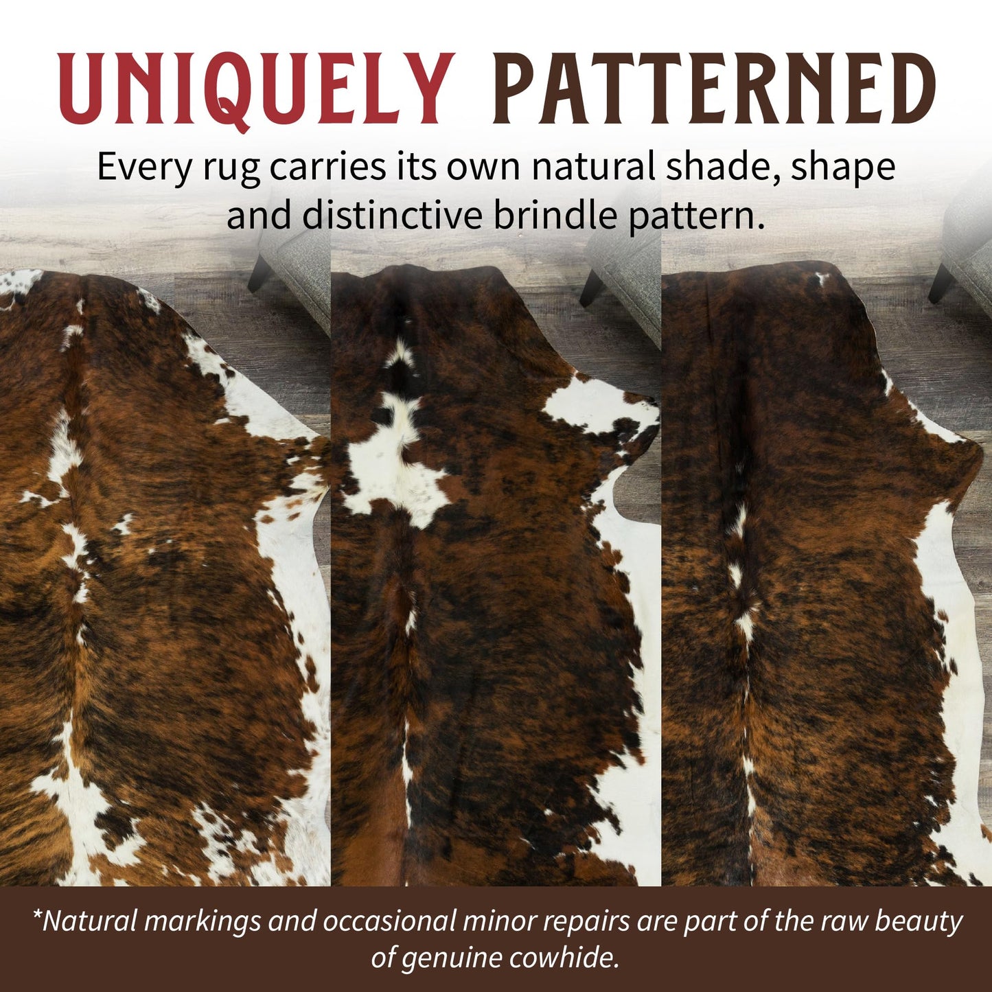 HIDES BAZAAR Real Cowhide Rug 5x7 ft - Natural Leather Hair-on-Hide Area Rug with Brown, Black & White Pattern (Brown Brindle) - Soft Western Cow Skin Rug for Living Room, Ranch Decor & Rustic Homes