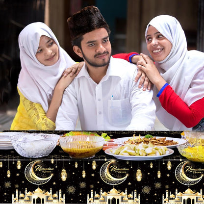 Qpout 3 Pack Ramadan Tablecloths, Disposable Plastic Rectangle Eid Table Covers with Moon and Star Design for Ramadan Mubarak Decorations, 108 x 54 Inches