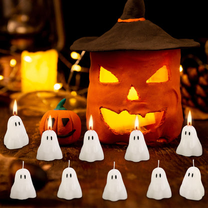 EBaokuup 10 PCS 2'' X 1.6'' Halloween Ghost Candles, Ghost Shaped Decor Candles, Fun Face Spooky Burning Candle for Halloween Party Home and Table Decorations
