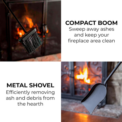 Plow & Hearth 5 Piece Hand Forged Iron Compact Fireplace Tool Set 20" | Black Wrought Iron Handle for Outdoor Indoor | Stand Poker Shovel Brush Log Tongs Wood Stove Accessory