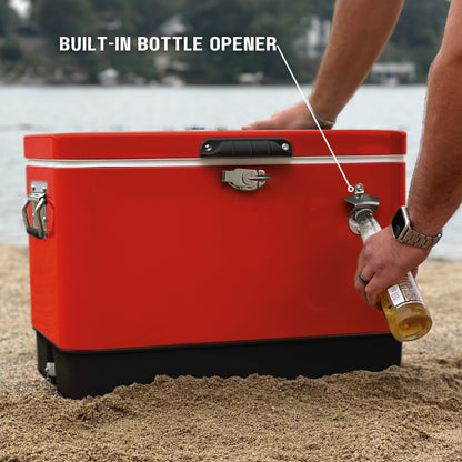 FSE Hard-Sided 54 Qt Metal Cooler, 80 Can Vintage Ice Chest, Durable Two-Tone Design with Latch Lid, Built-in Bottle Opener, Plastic Liner & Side Handles, Red/Black