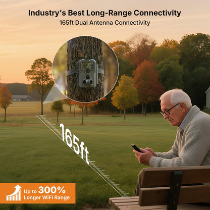 GardePro E8 2.0 Pro WiFi Trail Camera (Non-Cellular), Dual Antennas, Stable Connection, 4K Video, Rechargeable Battery, 64GB SD Card, On-Site App Viewing, No-Glow Night Vision, Motion Detection