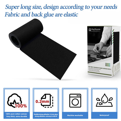 KING MOUNTAIN Canvas Iron on Patch,3"×60",Waterproof 100% Cotton Fabric Repair Patch,Used for Various Sofa,Tent,Clothes,Seats,Suitcases (Black,Waterproof)
