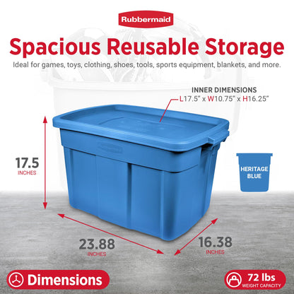 Rubbermaid Roughneck Tote 18 Gal, 6 Pack, Made in USA, Heritage Blue, Rugged Plastic Stackable Storage Bins with Lids and Handles