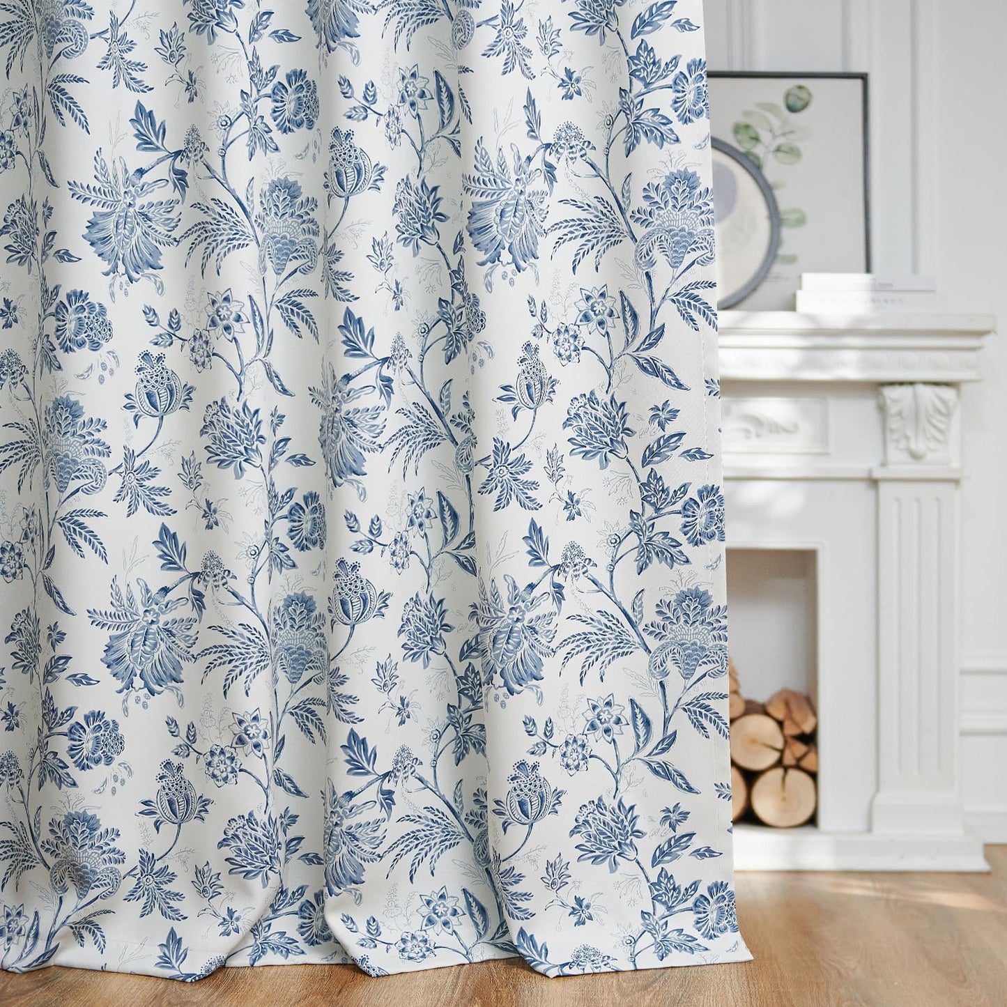jinchan Blackout Floral Curtains for Bedroom, 84 Inches Long Printed Flower Black Out Curtains, French Country Back Tab Blue Window Treatment Farmhouse Drapes Set 2 Panels Blue