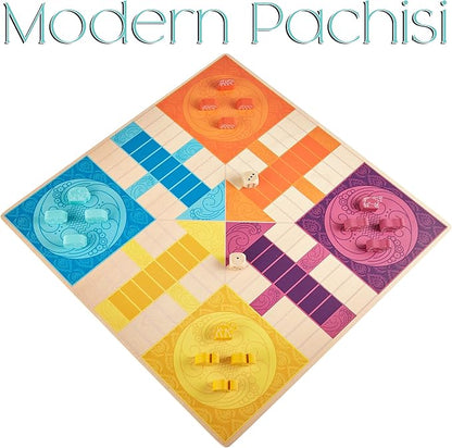 Pachisi: India's Game of Twenty-Five - Features 2-in-1 Modern and Traditional Rulesets - Double-Sided Board Game with Colorful Animal Pawns and Wooden Cowrie Shell - Family Game Night for 2-4 Players